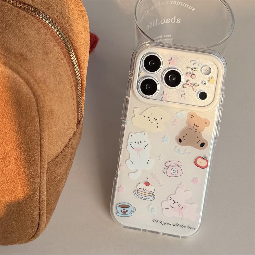 Cartoon Double-Layer Anti-Drop Phone Case for iPhone 15/17/16 Pro Max, Puppy Cat Design