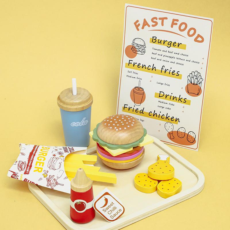 Simulation Fun Wooden Burger French Fries Beverage Kid Toy Set For Role Paly
