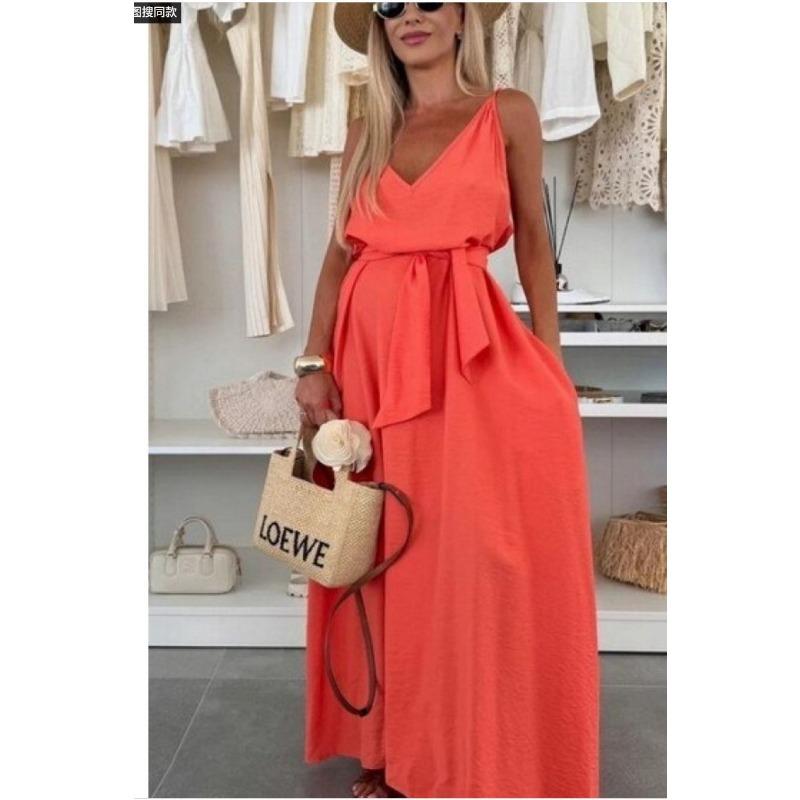 DAFIFY Women's Fashion Summer Spring Solid Color Print Sleeveless V-Neck Loose Waistline Casual Dresses