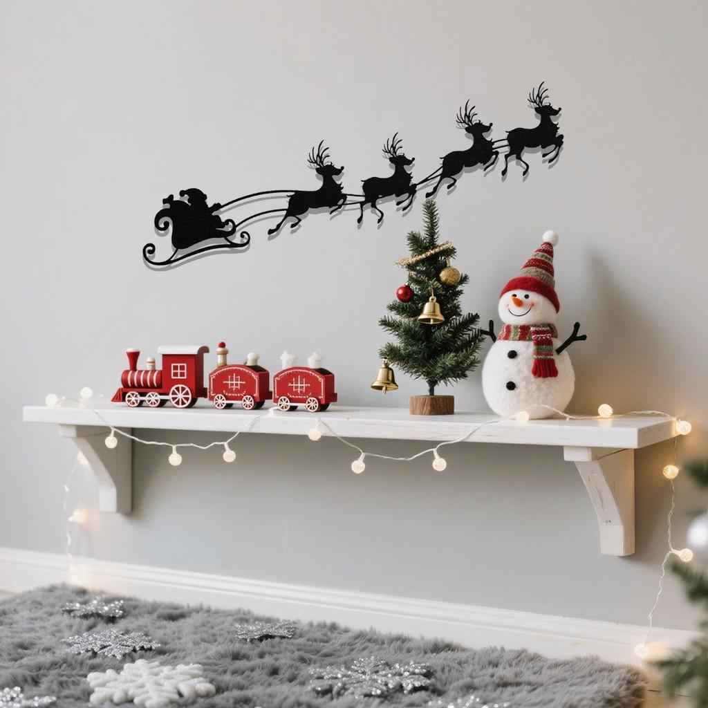 1 szt. Dekoracja ścienna z żelaza w kształcie Świętego Mikołaja i latającego renifera, Dekoracja świąteczna, Dekoracja ścienna na święta, Elegancka dekoracja świąteczna nad kominkiem