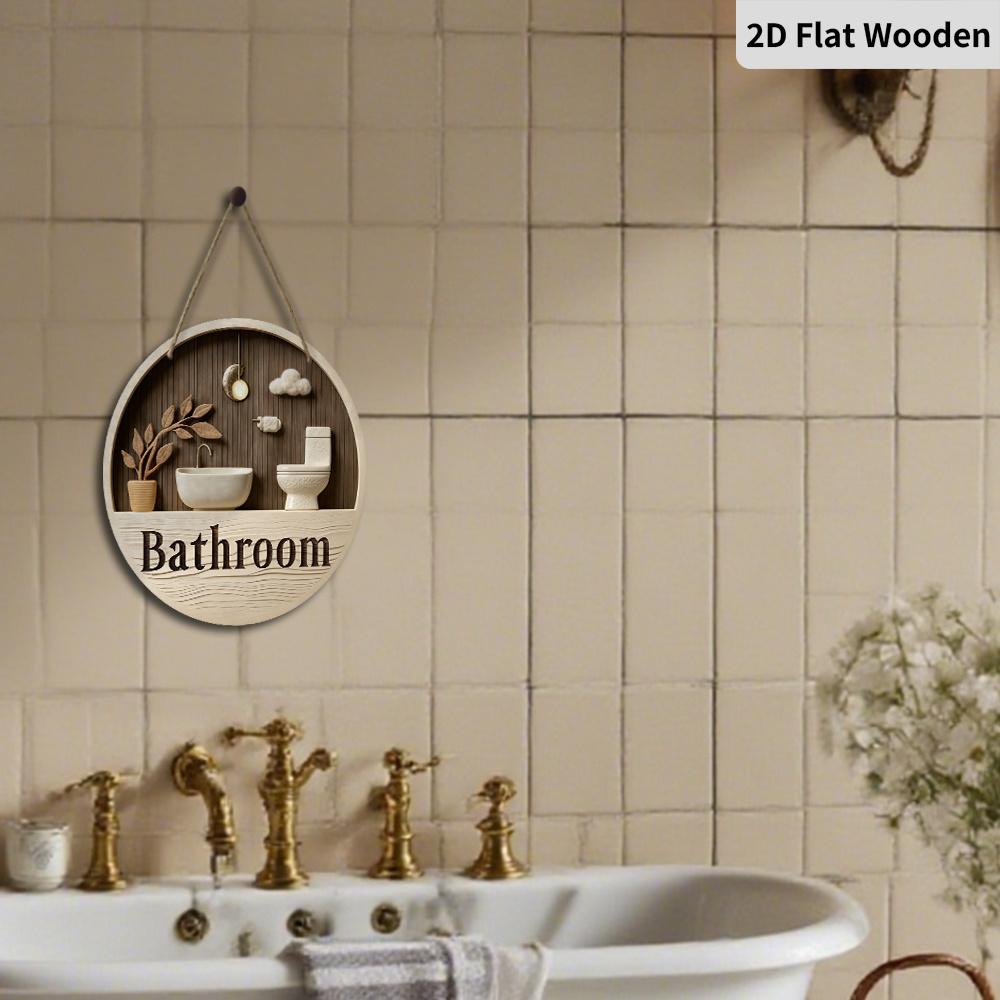 2D Flat Wooden Contemporary Bathroom Sign, 7.87inches Retro Decorative Hanging Ornament, Home Toilet Wall Art /tabletop Decor