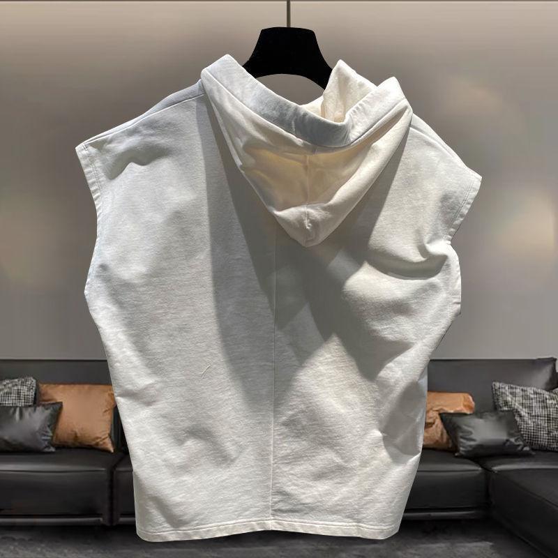 Hooded Sleeveless T-shirt Men's Summer New Plus Size Solid Color Loose All-match Vest Tops Street Casual Fashion Men Clothing
