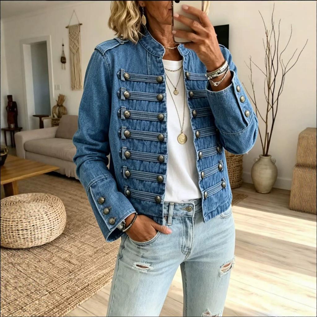 Napoleonic Style Single-Breasted Multi-Button Cropped Denim Jacket - Fall New Arrival, Cross-Border European & American Style, Wholesale