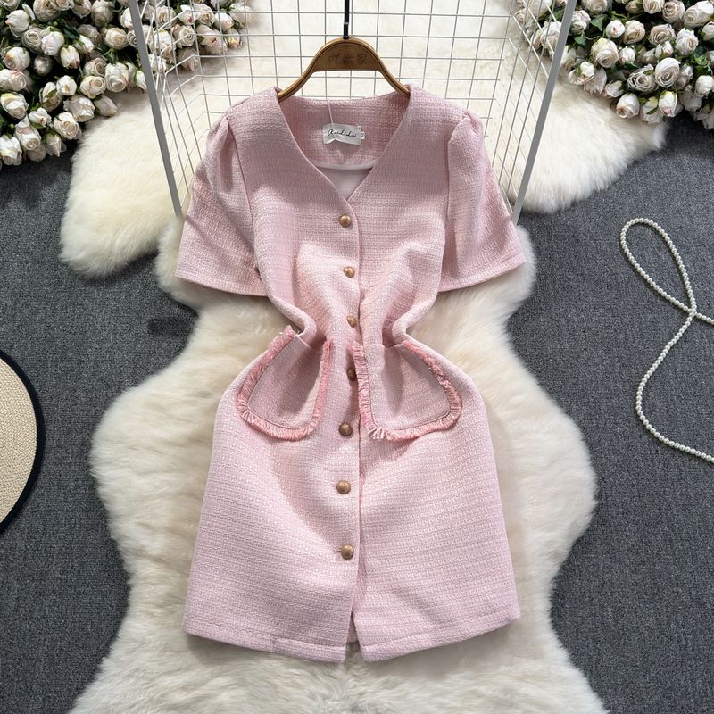 

Classic Style French Style V-neck Dress Fancy Fried Street Summer Elegant Socialite Slimming Unique Niche Style Skirt for Women Pink M