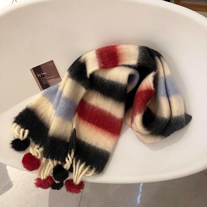 Vinter Dopamin Regnbågsrandig Tjock Varm Borstad Frans Pälsboll Scarf