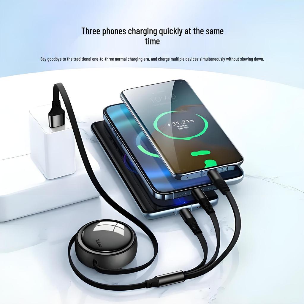 100W Fast-Charging Retractable Data Cable for Apple, Huawei, Android Type-C Devices