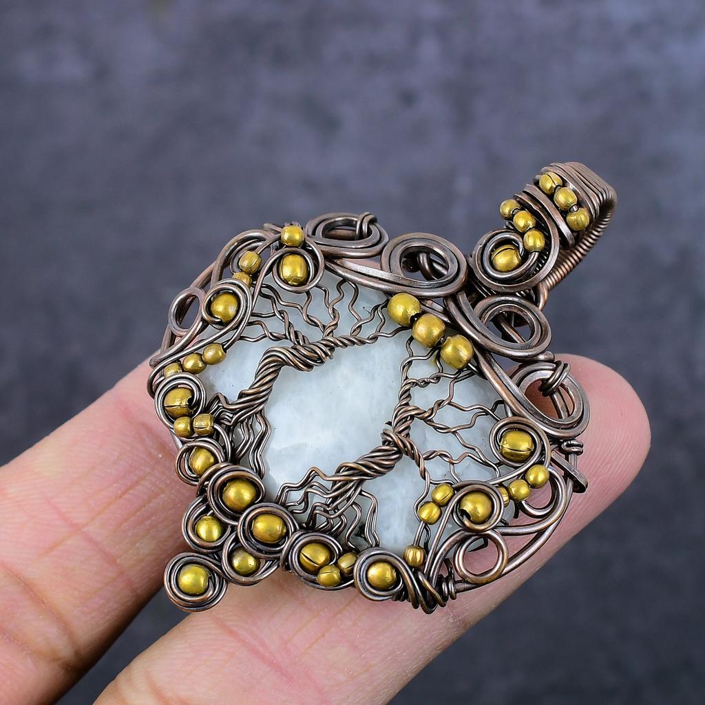 Natürlicher Regenbogen Mondstein Handgemachter Kupferdraht Wickelschmuck Anhänger 2,36" N9G58