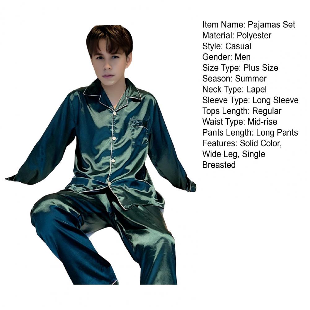 2Pcs/Set Men Summer Pajama Set Lapel Long Sleeve Shirt Elastic Waist Pockets Wide Leg Pants Set Solid Color Single Breasted Slee