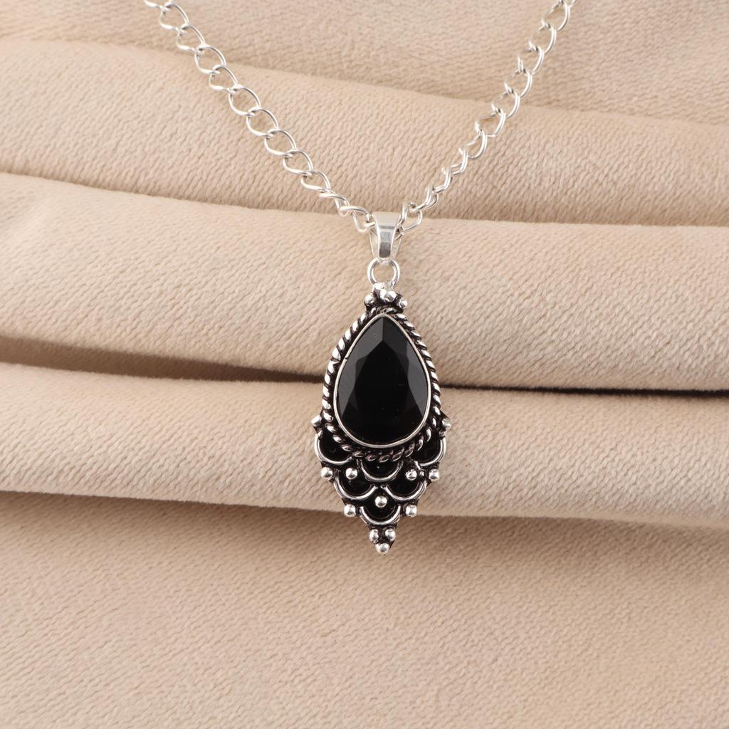 Black Onyx Gemstone 925 Sterling Silver Handcrafted Pendant 1.5" For Anniversary Gift PP-70-20