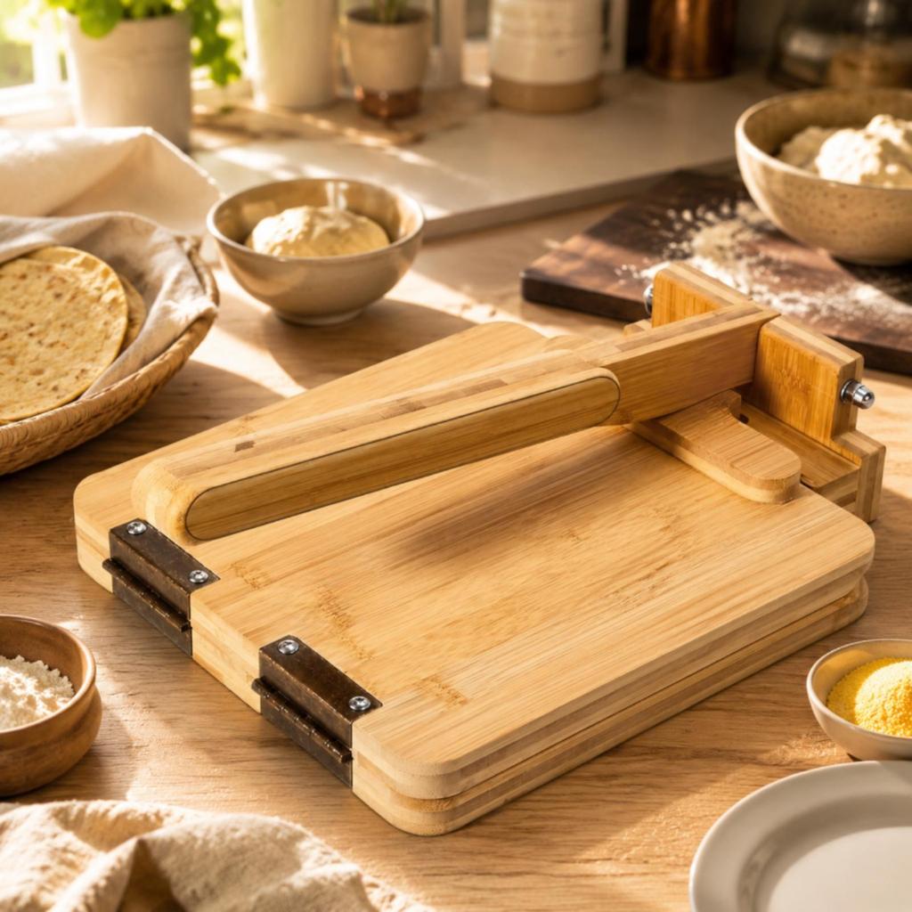 Pressa per Tortillas con Carta da Forno e Compatibile Senza Glutine in Legno