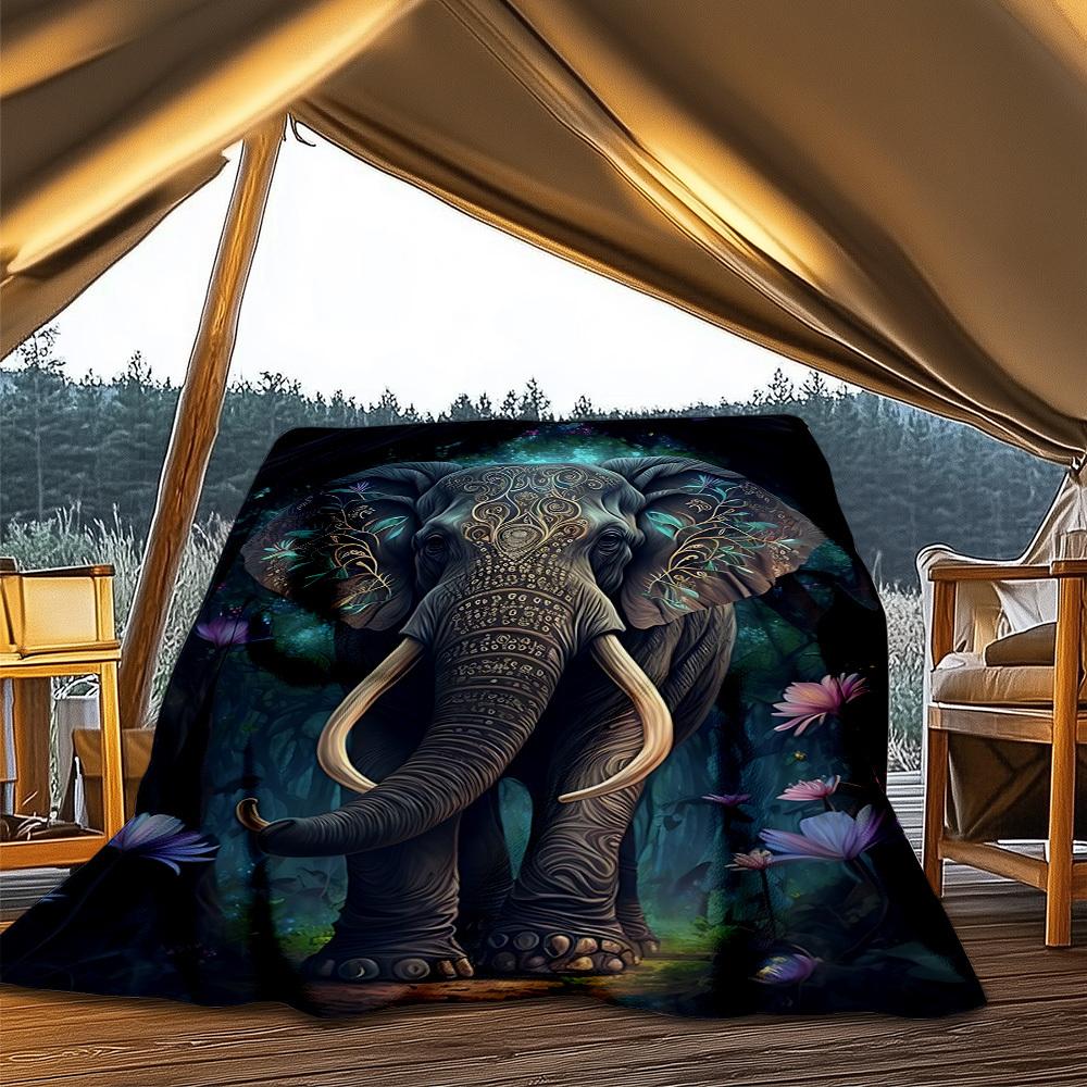 1pc Ornate Elephant Design Throw Blanket Polyester Fiber, Lightweight Flannel, Soft & Warm, All Season Use for Outdoor, Camping Digital Print
