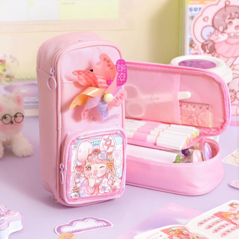 Lucky Pinwheel Pencil Case: Heart-Shaped, Large Capacity, Girly Backpack Design.