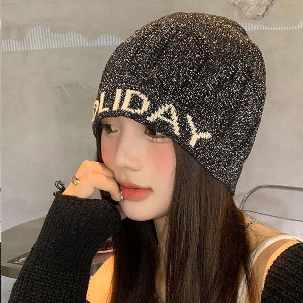 Vintage Letter Beanie Hat Hollow Knitted Pullover Hat Fashion Sequin Knitted Hat  Winter