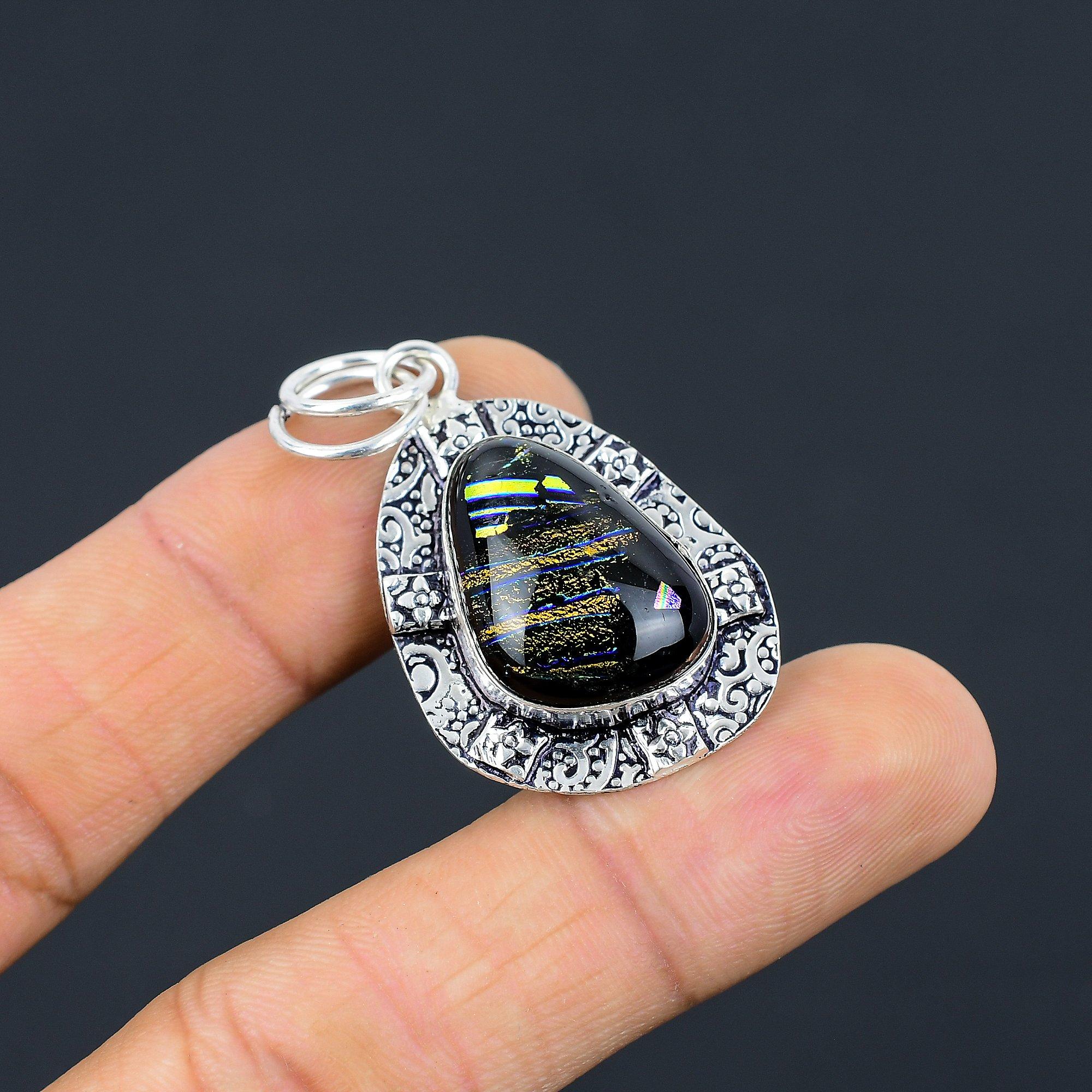 

Natural American Dichroic Glass Gemstone Pendant 925 Sterling Silver Jewelry