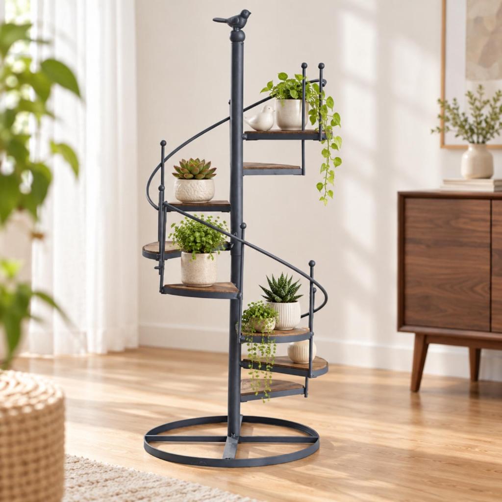 Spiral Stair Plant Stand Freestanding Iron with WoodGrain Shelves MultiTier for Balcony,