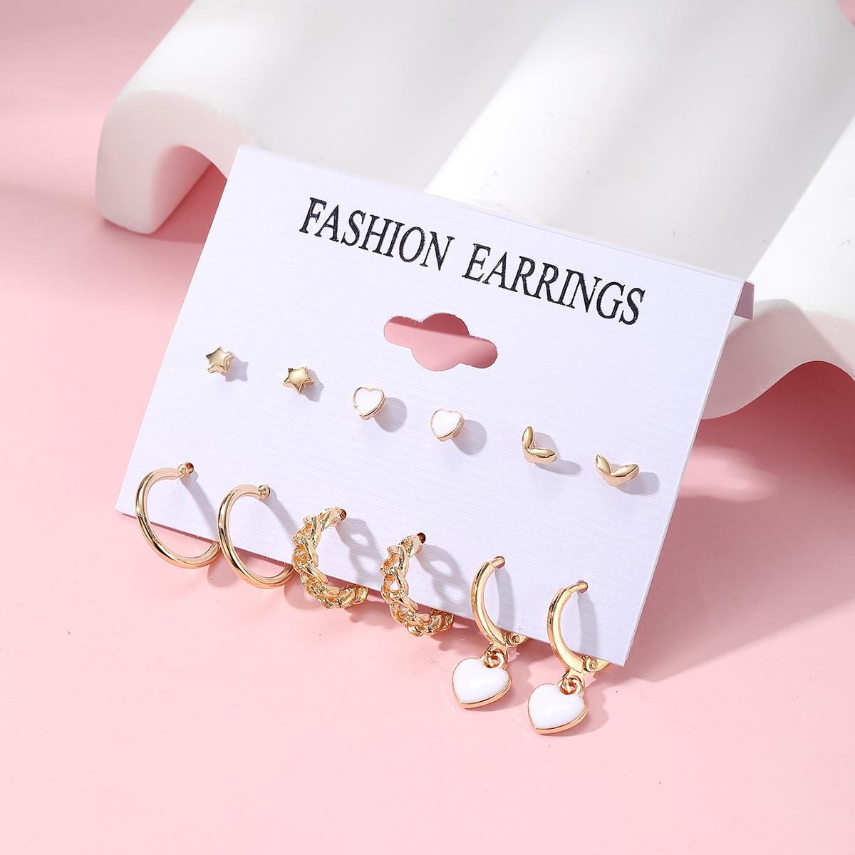 

6pcs Set Korea Trend Oil-dripping Heart-shaped Butterfly Imitation Pearl Hoop Earrings Stud Earrings for Women Cute Jewelry Sets