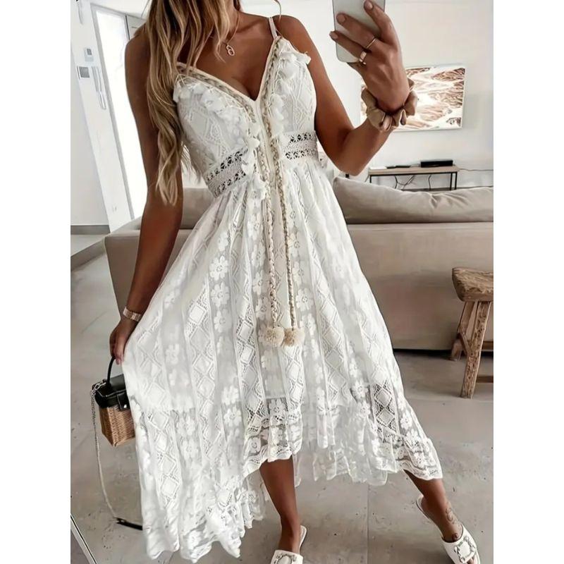 Summer New Arrival European and American Sexy V-neck Lace Cut-out Ruffled Irregular Swing Sling Dress Dress for Women