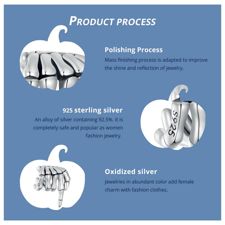 Bamoer 925 Sterling Silver Dark Personality Skeleton Hand Charm Beads for Women Girls Bracelet & Bangle DIY Jewelry