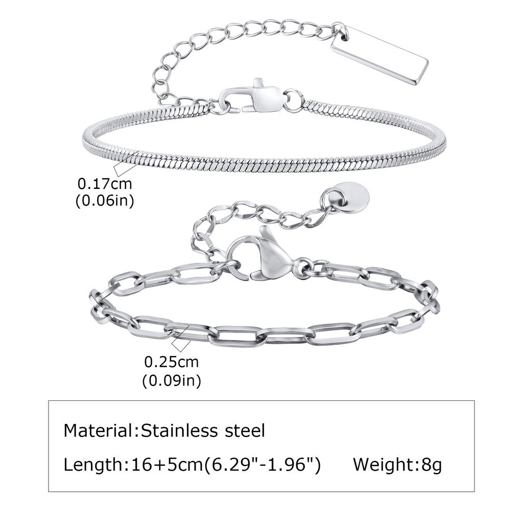 2pcs Men's Flat Chain Bracelet,Silver Color Stainless Steel Adjustable Wristband,Minimalist Unisex Jewelry Gift