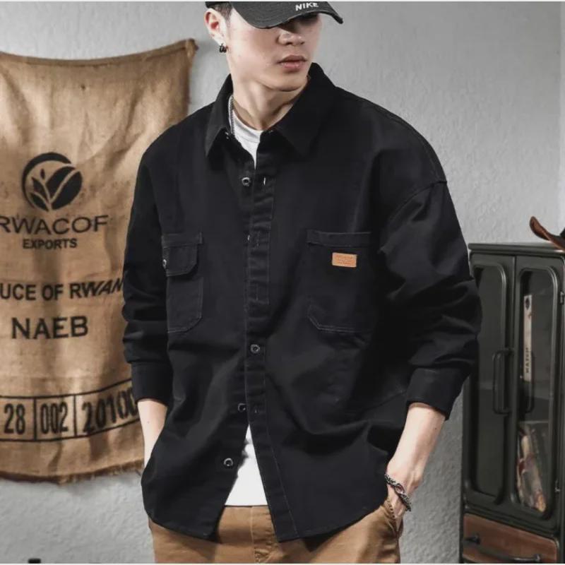 Men's American Retro Black Heavy Workwear Shirt - Spring & Autumn Fashion Jacket