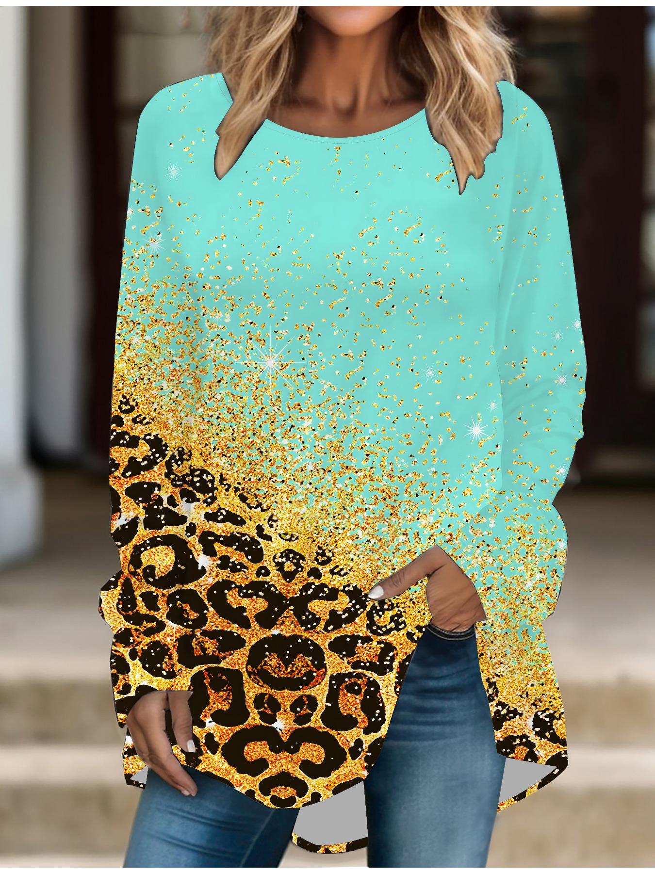 

Женская футболка больших размеров с леопардовым принтом, удобная, с длинным рукавом и круглым вырезом, повседневная, свободного кроя, средней длины 8XL зелёный