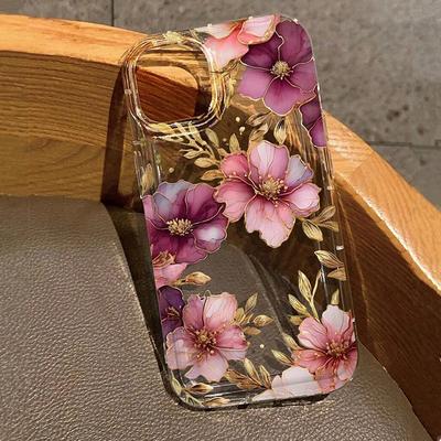 Purple Flower Printing Clear Shockproof Phone Case for IPhone 11 12 13 14 15 16 Pro Max Mini XR XS X 7 8 Plus SE2 Soft TPU Cover