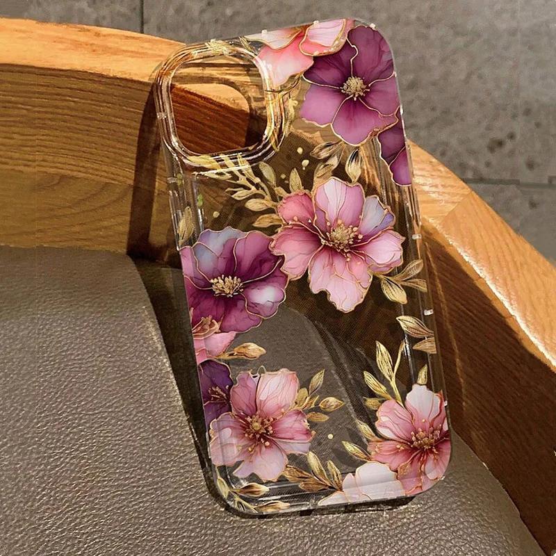 Purple Flower Printing Phone Case for Samsung S24 S23 S22 Ultra Plus S21 FE A14 A34 A15 A35 A52 A53 A54 A55 5G Soft Tpu Cover