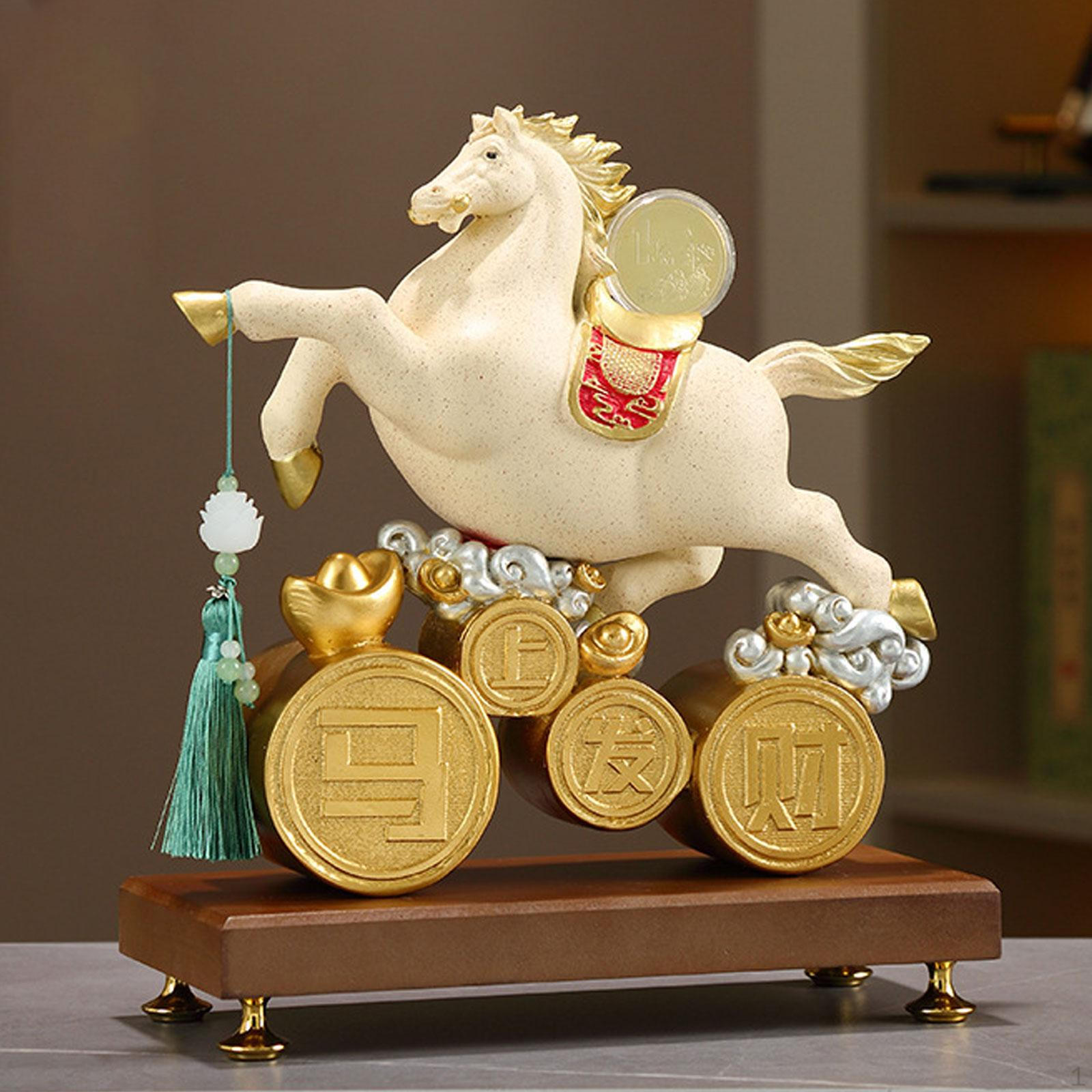 Horse Figurine Animal Sculpture Resin Fine Craftsmanship Tabletop Ornament Chinese Fengshui Biege