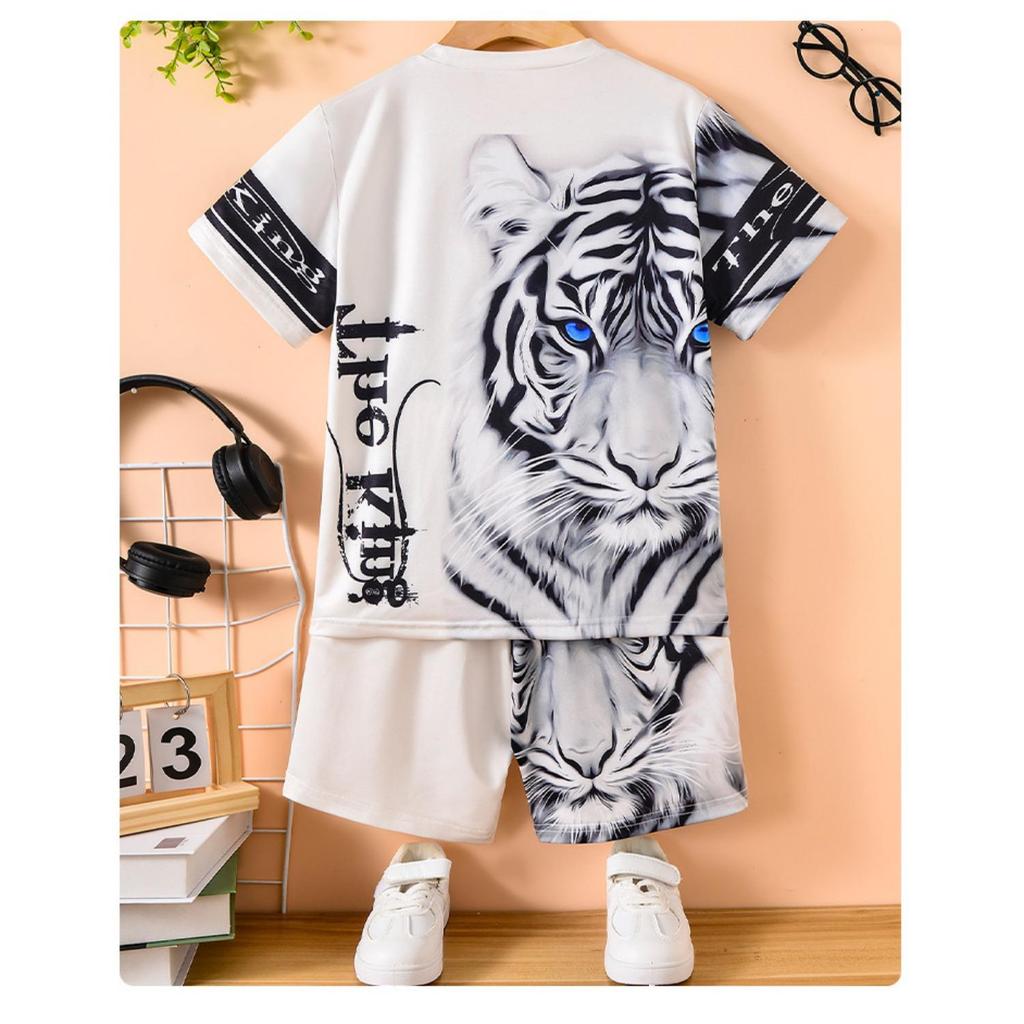 Two piece set of boys' 3D animal printed casual clothing short sleeved shorts set Tiger Lion