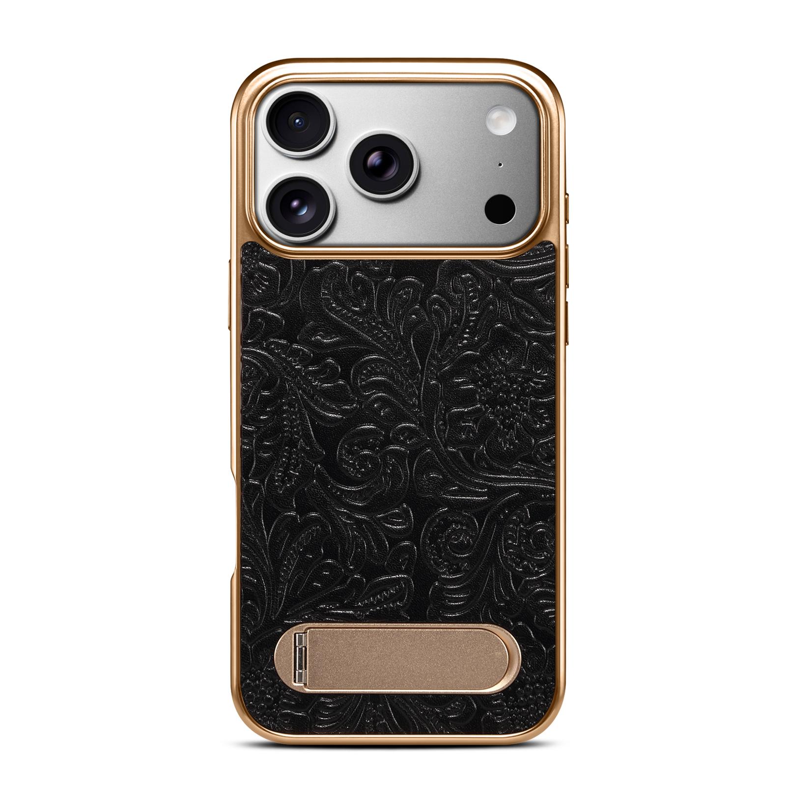 

Tang Flower Design Genuine Cowhide Leather Phone Case for iPhone 17 Pro Max 17Air 16 15 14 13 Pro Magnetic Invisible Stand Cover iPhone17 чёрный