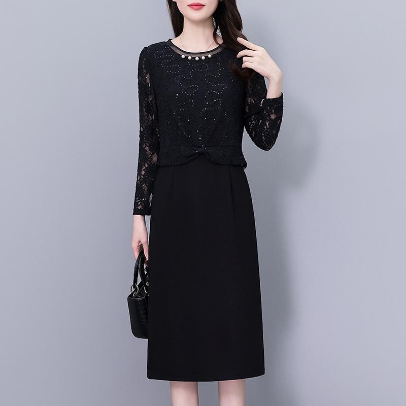 Plus Size Black Sequin Lace Two-Piece Long Sleeve Dress for Women – Slimming Spring/Autumn Style