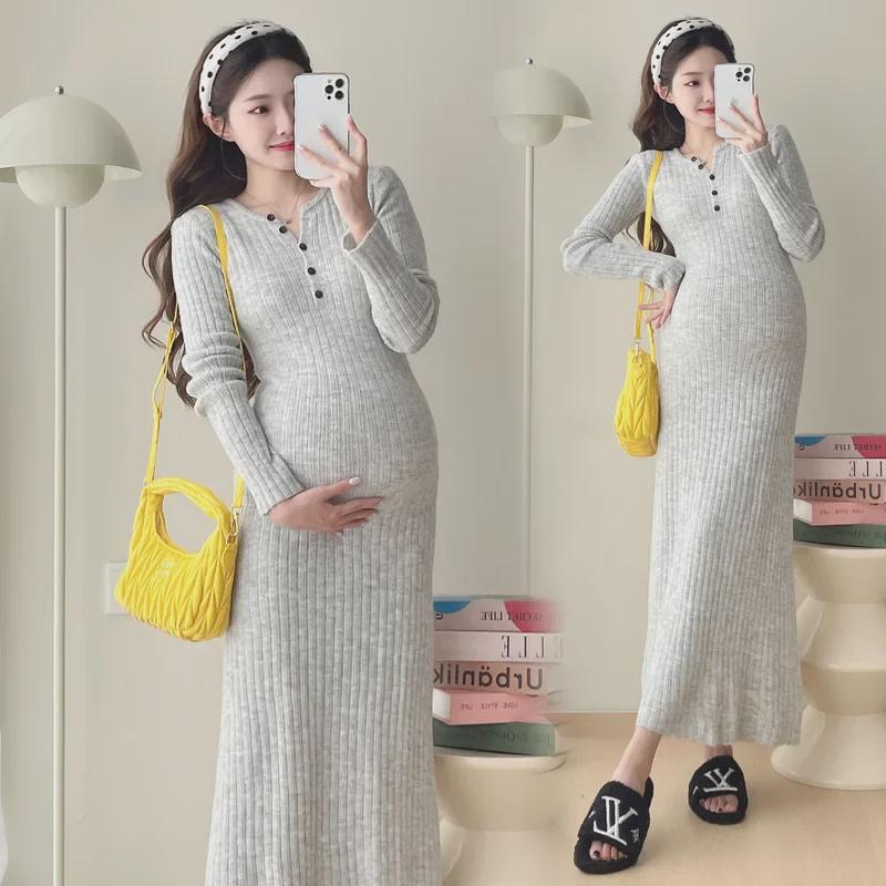 "2024 French Stripe Knit Maternity Sweater Dress - Mid-Length, Ideal for Spring & Autumn"