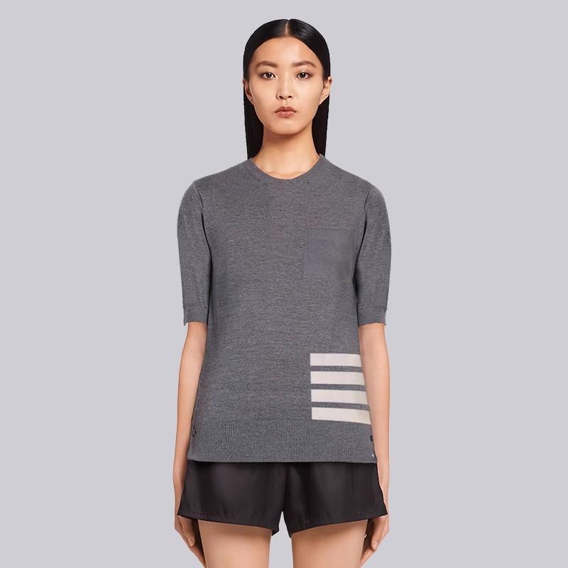 TB Unisex Summer T-Shirt Round Neck Versatile Classic Four Bar Knit Sweater Casual Base Top with Half Sleeves