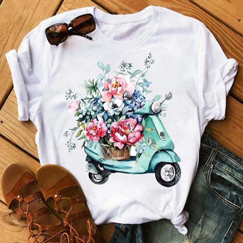 Summer Women's Half Sleeved Printed Floral Bicycle T-Shirts Women’s