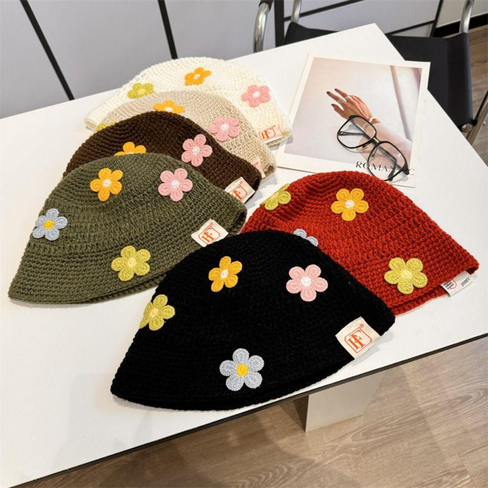 Crochet Flower Knitted Hat Korean Style Bucket Hat Cute Beanies Hat  Girls