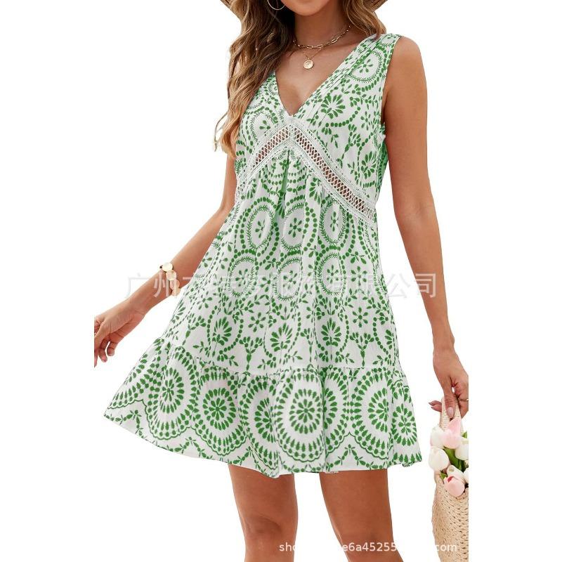 

Женское платье весна/лето с элегантным принтом, ажурным кружевом, V-образным вырезом, без рукавов XXL зелёный