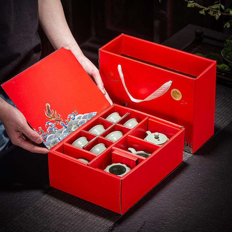 10-Head Ge Kiln Tea Set Kung Fu Ceramic Open Film Dehua Household Complete Teapot Gift Box Teacup Business Gifts
