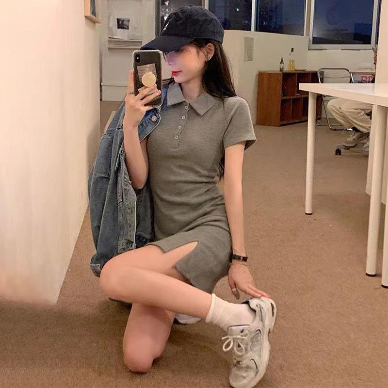 Spring Summer Women's Versatile Polo Bodycon Dress with Slit - Sweet & Spicy Slim Fit