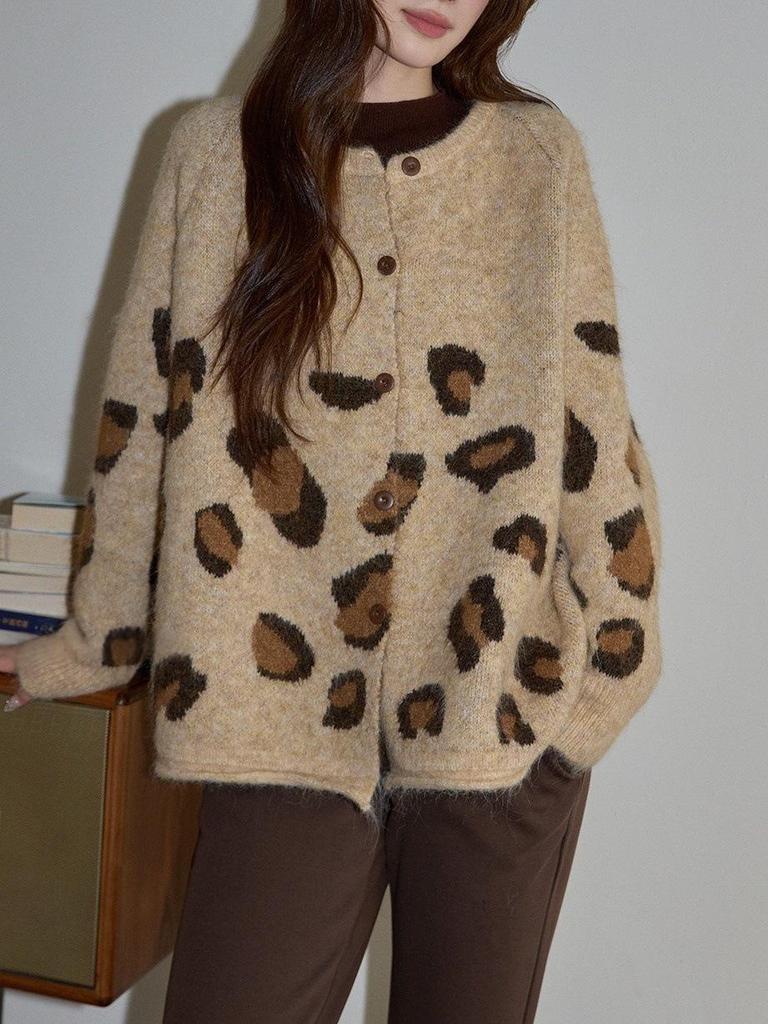 Women's Khaki Leopard Print Wool Knit Cardigan - Maillard Style Autumn Winter Sweater.