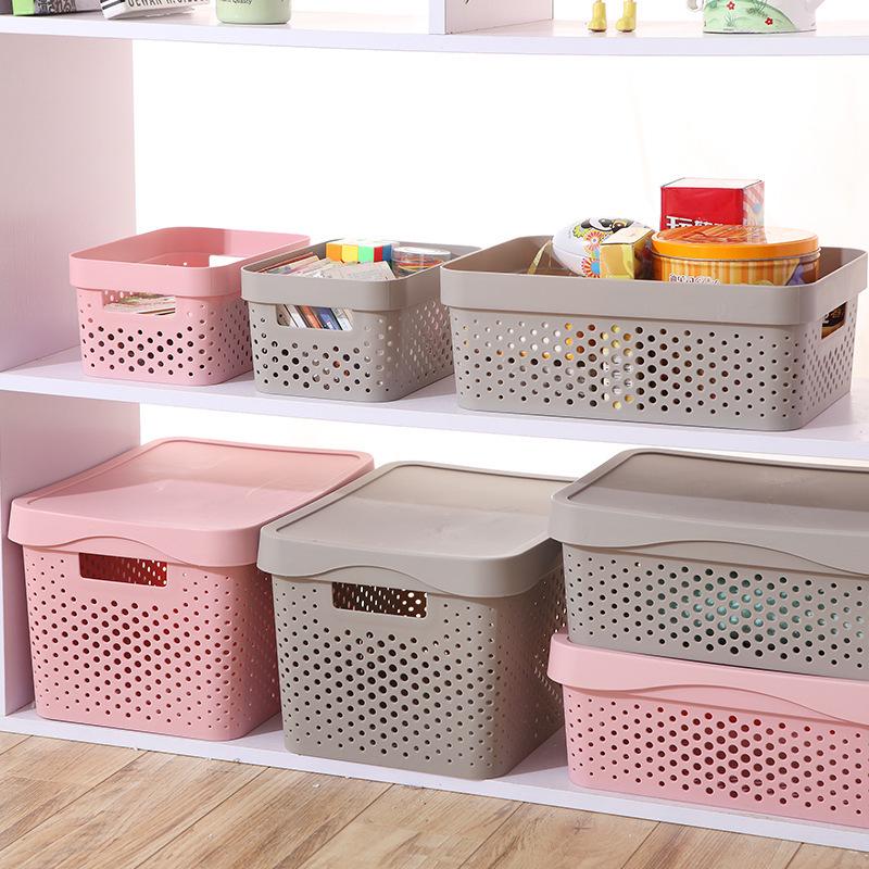 Hollow Plastic Storage Basket with Lid - Desktop Organizer & Wardrobe Bin