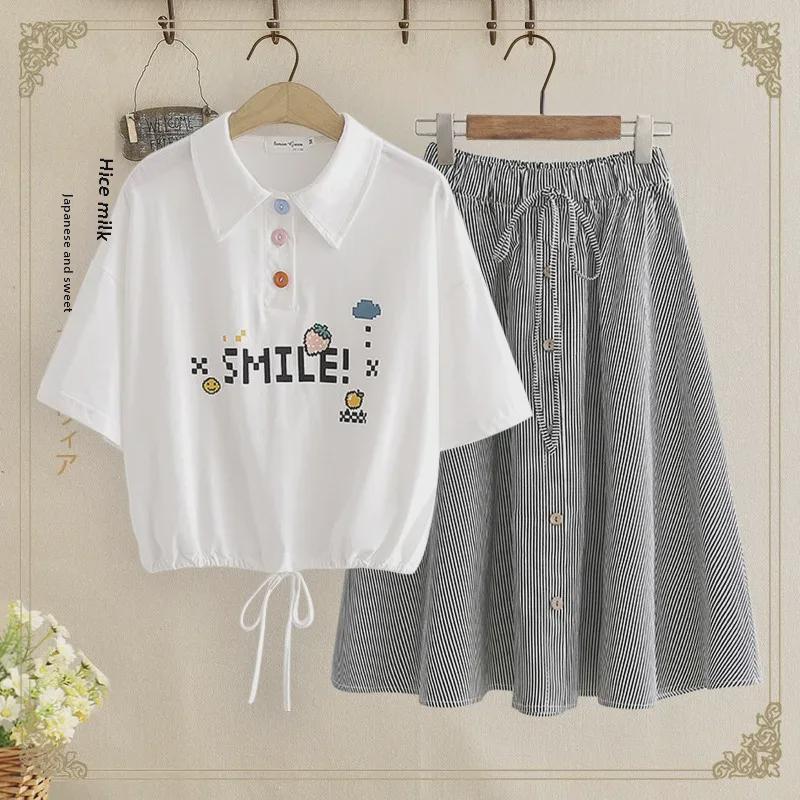 Sweet Junior High Summer Polo Shirt & High-Waist Skirt Set