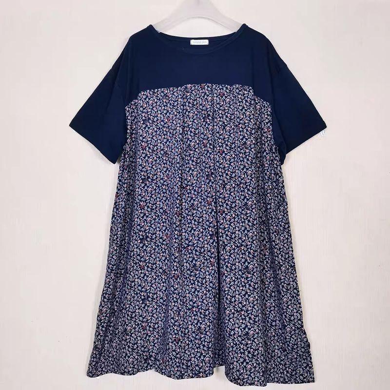 Foreign Trade Japan Order Customer Supply Fabric Rayon Printing V-neck Pullover 3/4 Sleeve Mid-Length Dress Plus size Summer
