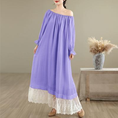 Übergroßes Patchwork-Spitzenkleid im neuen französischen Stil mit süßem Carmenausschnitt und schulterfreiem Design, das schlank und lang aussehen lässt.