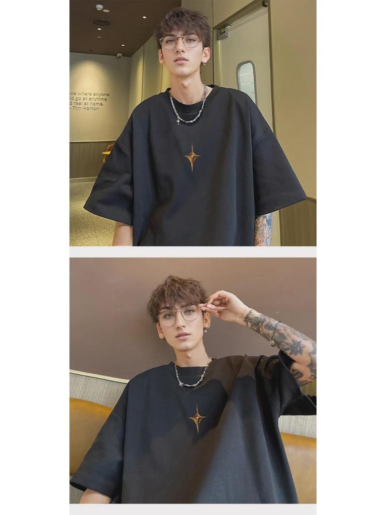 Tricou de bărbați alb cu mânecă scurtă, la modă, casual, cu croială largă, bumbac pur, stil de vară high street.