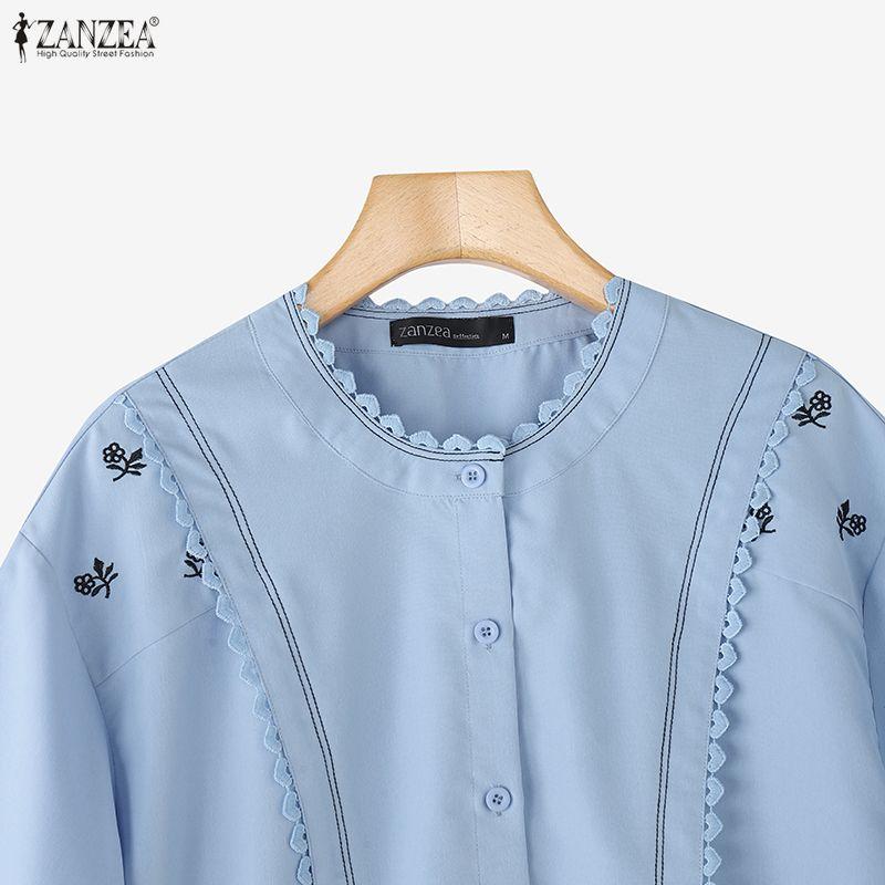 ZANZEA Summer Women Round Neck Short Sleeve Crochet Embroidery Casual Blouse