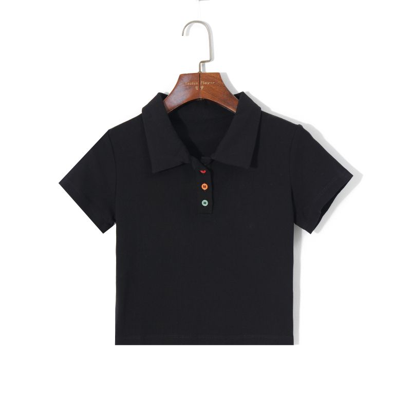 

Летняя женская одежда 2025 года в K-стиле, свежая, однотонная, элегантная, с лацканами и пуговицами, пуловер, с коротким рукавом, облегающая, эластичная, клетчатая футболка Black S