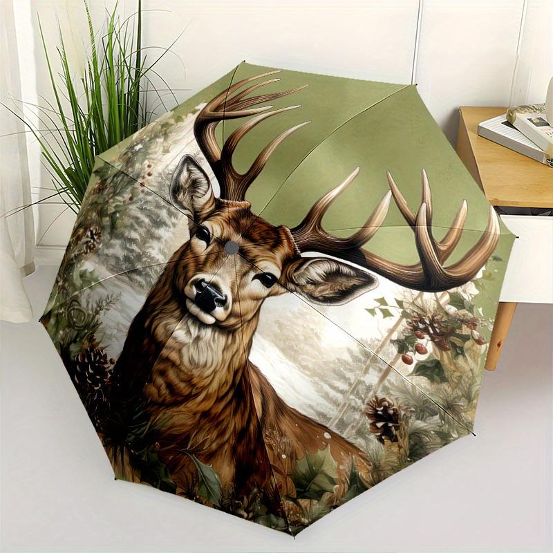 

Deer, Winter Scene Automatic folding umbrella simple eight rib design, bright color pattern, durable iron frame, ideal for travel and outdo
