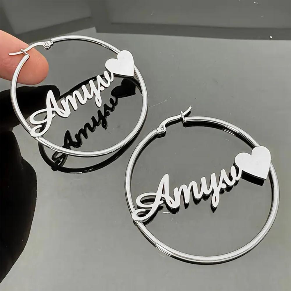 

Elegant Custom 50mm Hoop Earrings For Women Personalized Name Heart Ear Piercing Stainless Steel Jewelry Romantic Wedding Gift