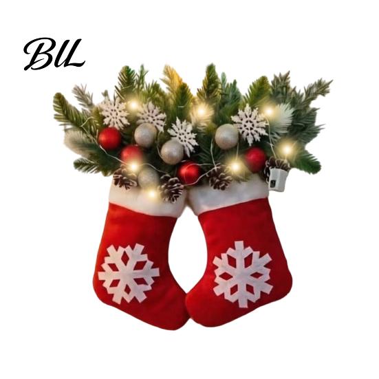 Festive Glove Shaped Decor Christmas Mitten Door Hanger, Red White Ornament with Pine Cone Berries, Party Decorations Fabric Holiday Wall for
