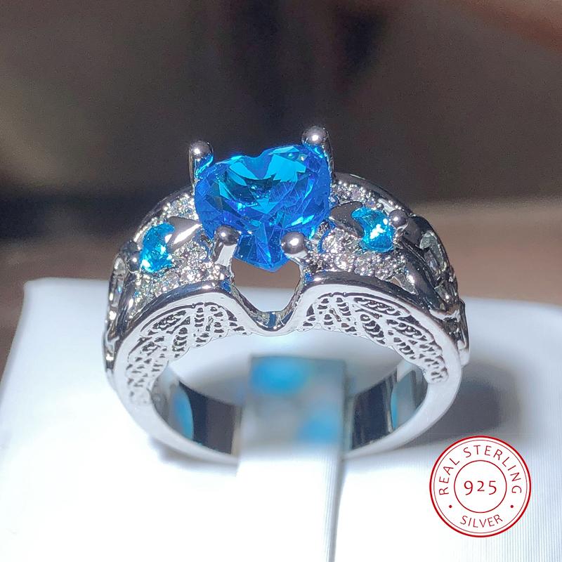 New Fashion Heart-shaped Blue Zirconia Ring Female 925 Stamp Hollow Geometric Jewelry Party Wedding Gift